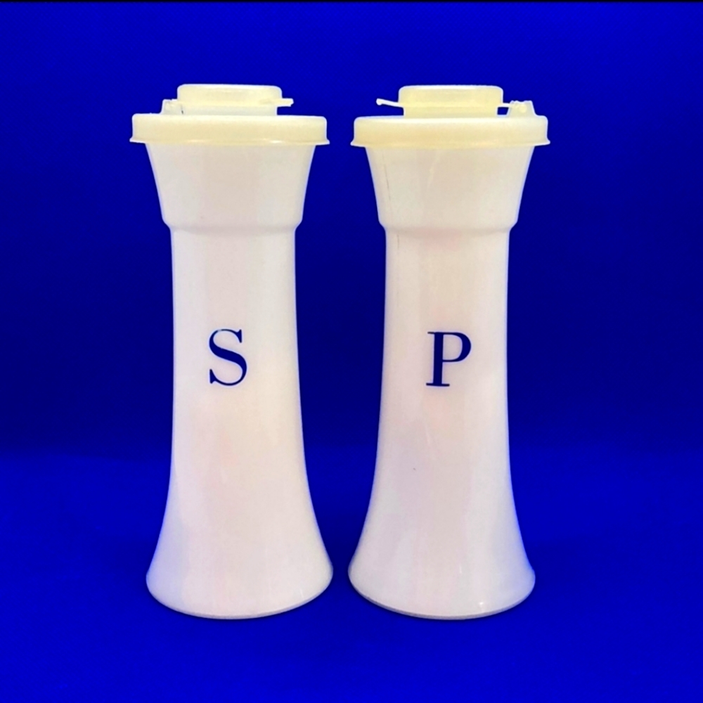 Rare Vintage Tupperware Salt and Pepper Shakers White with Blue Letters
